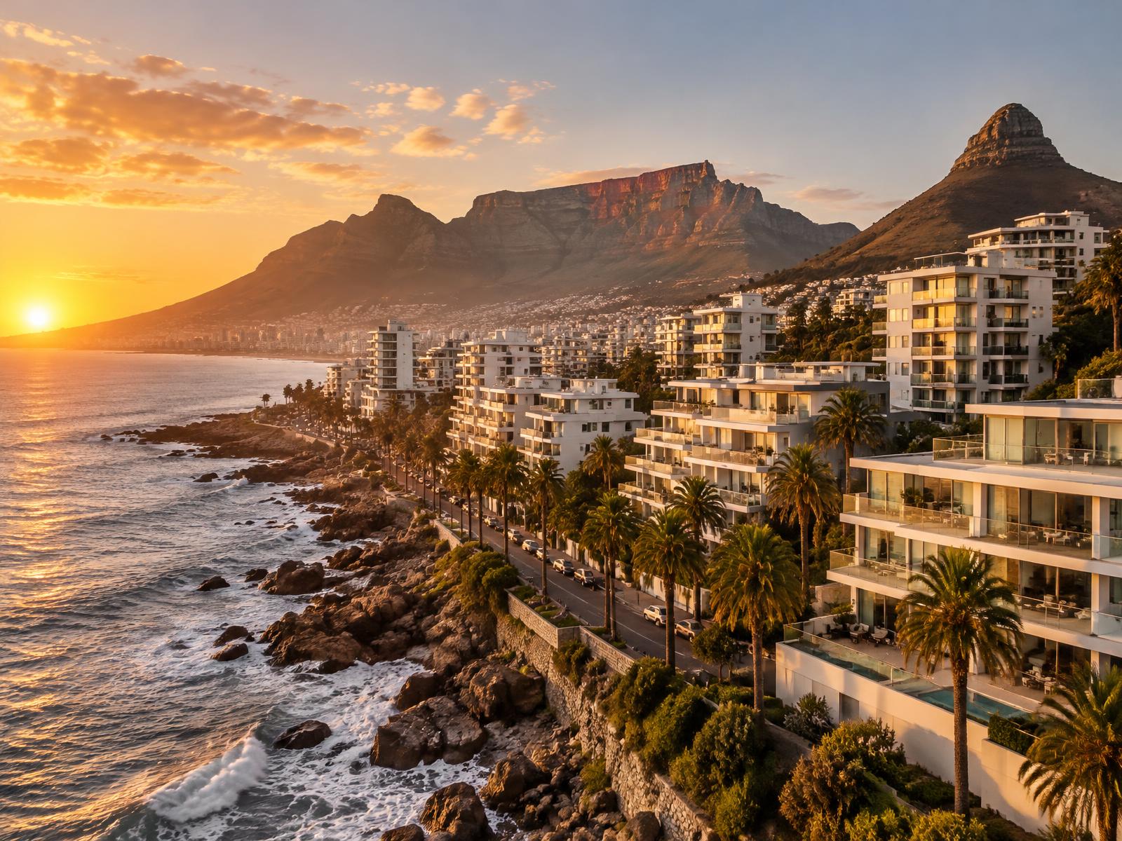 Atlantic Seaboard apartments beneath Table Mountain and Lion's Head at sunset